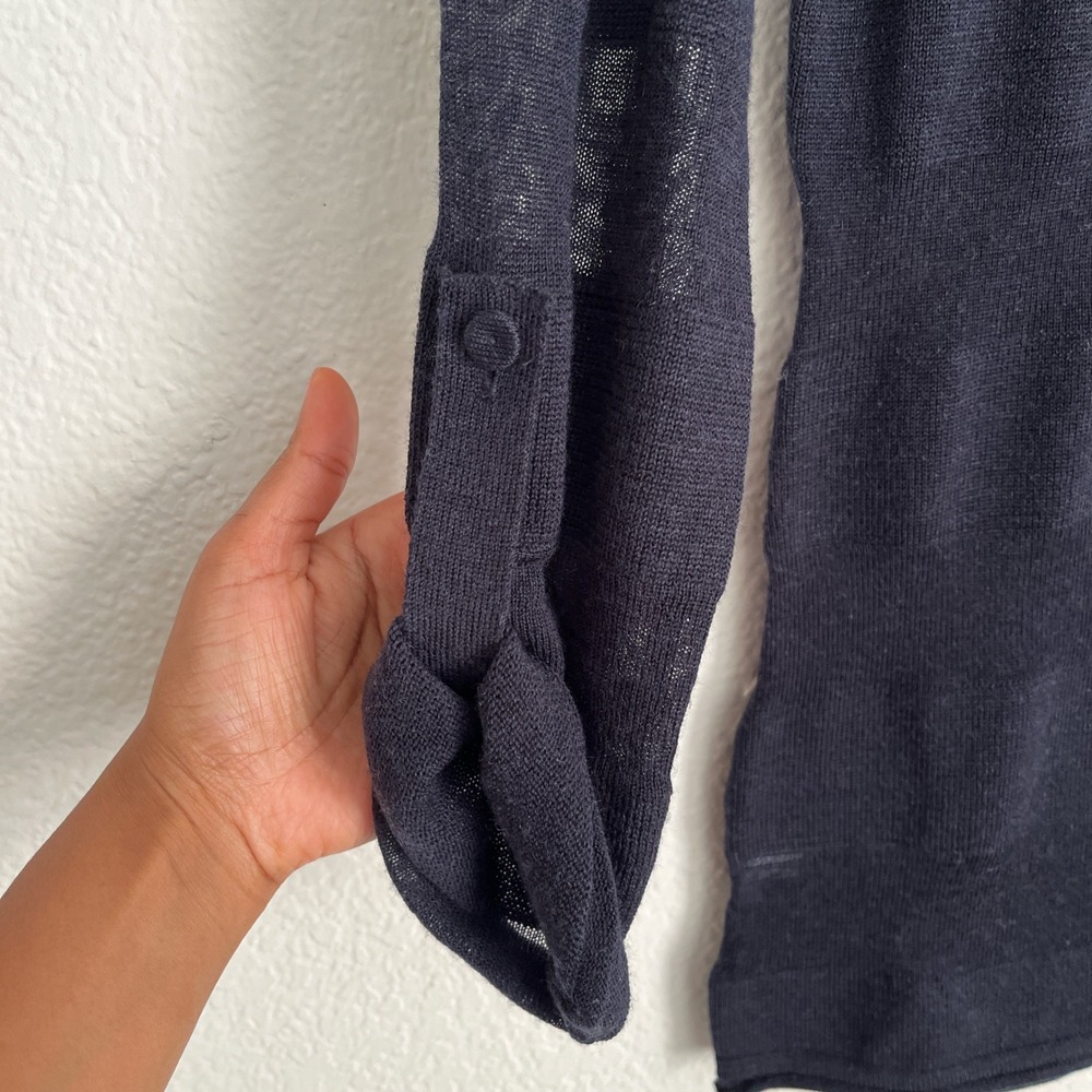 LOFT Navy Sheer Lightweight Sweater | Roll Tab Sleeve Minimalist Chic Casual Top - Picture 3 of 5